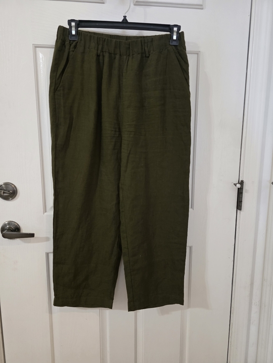 Quince Pants - Quince Womens Green Linen Pull on Wide Leg Crop Pant Travel Minimalist Career